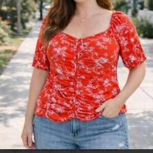 Ava & Viv Orange Sweetheart Neckline Smocked Floral Blouse Size 1X Cottagecore